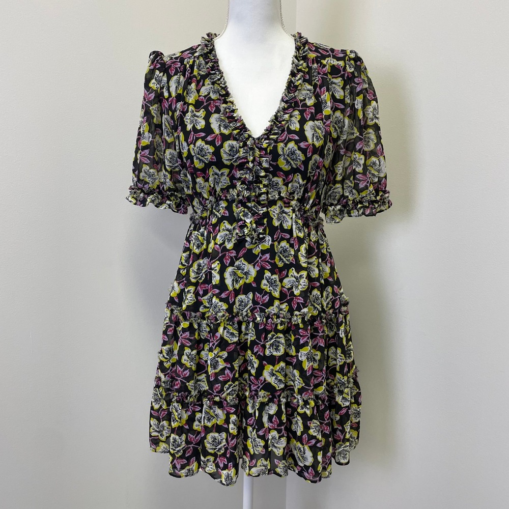 Cinq a Sept Babydoll Floral Ruffle Mini Dress Size 0 Tiered V-Neck